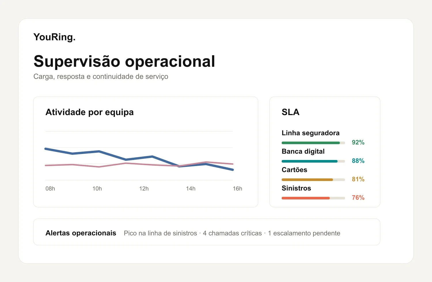 Vista YouRing de atividade, desempenho da equipa e chamadas recentes